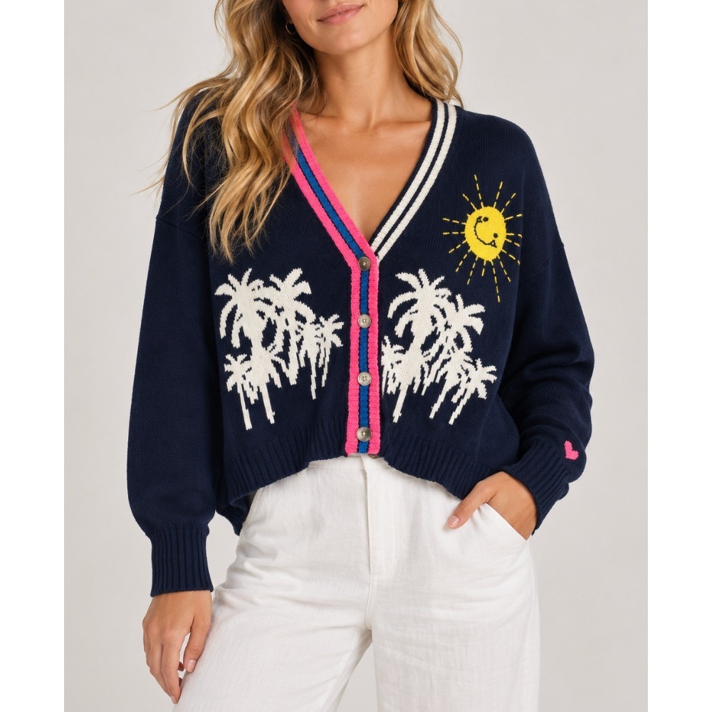 Kerri Rosenthal Navy Pink 100% Cashmere Palm Tree Sun Knit Cardigan Sweater XL